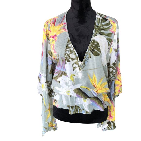 Lucky Brand Sexy Flowy Fairy Boho Floral Print Top with Kimono Slit Sleeve Sz L - Picture 1 of 16